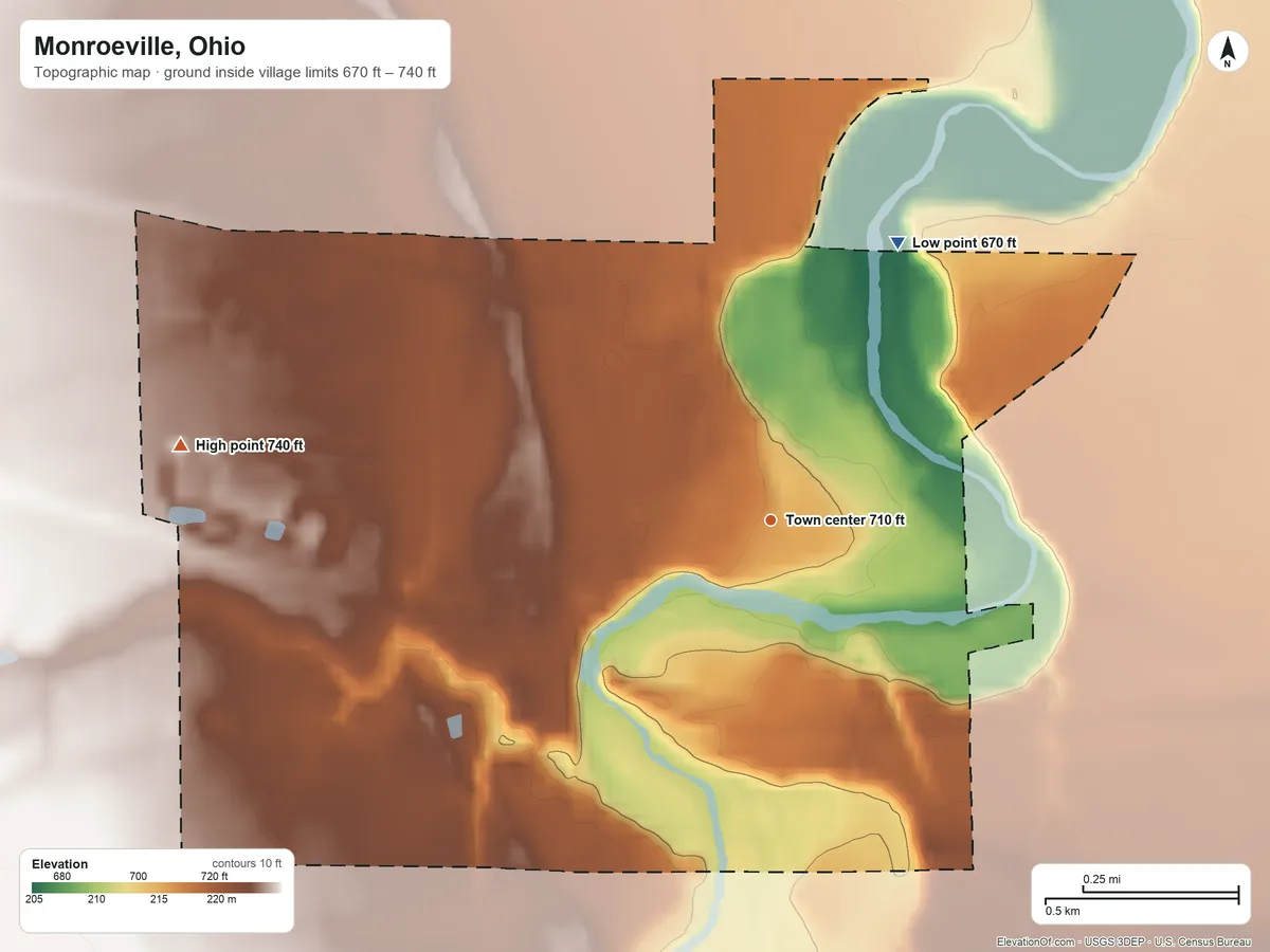 Topographic elevation map of Monroeville, Ohio, shaded from 670 ft on the northeast side to 740 ft on the west side