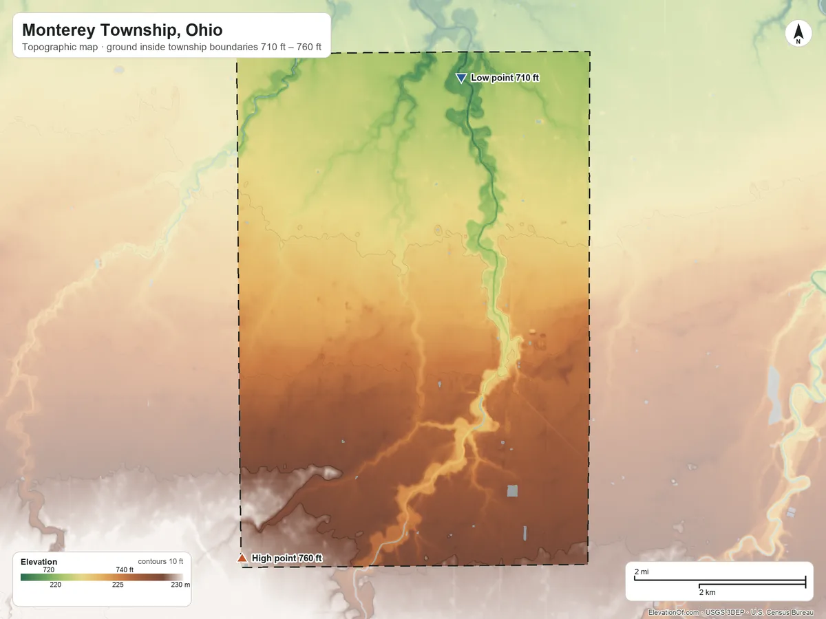 Topographic elevation map of Monterey Township, Ohio, shaded from 710 ft on the north side to 760 ft on the southwest side