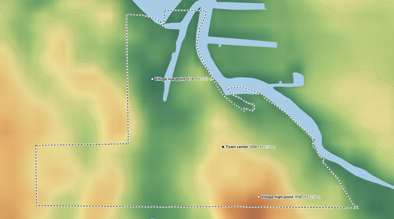 Topographic elevation map of Montezuma, Ohio, shaded from 870 ft on the northwest side to 890 ft on the southeast side