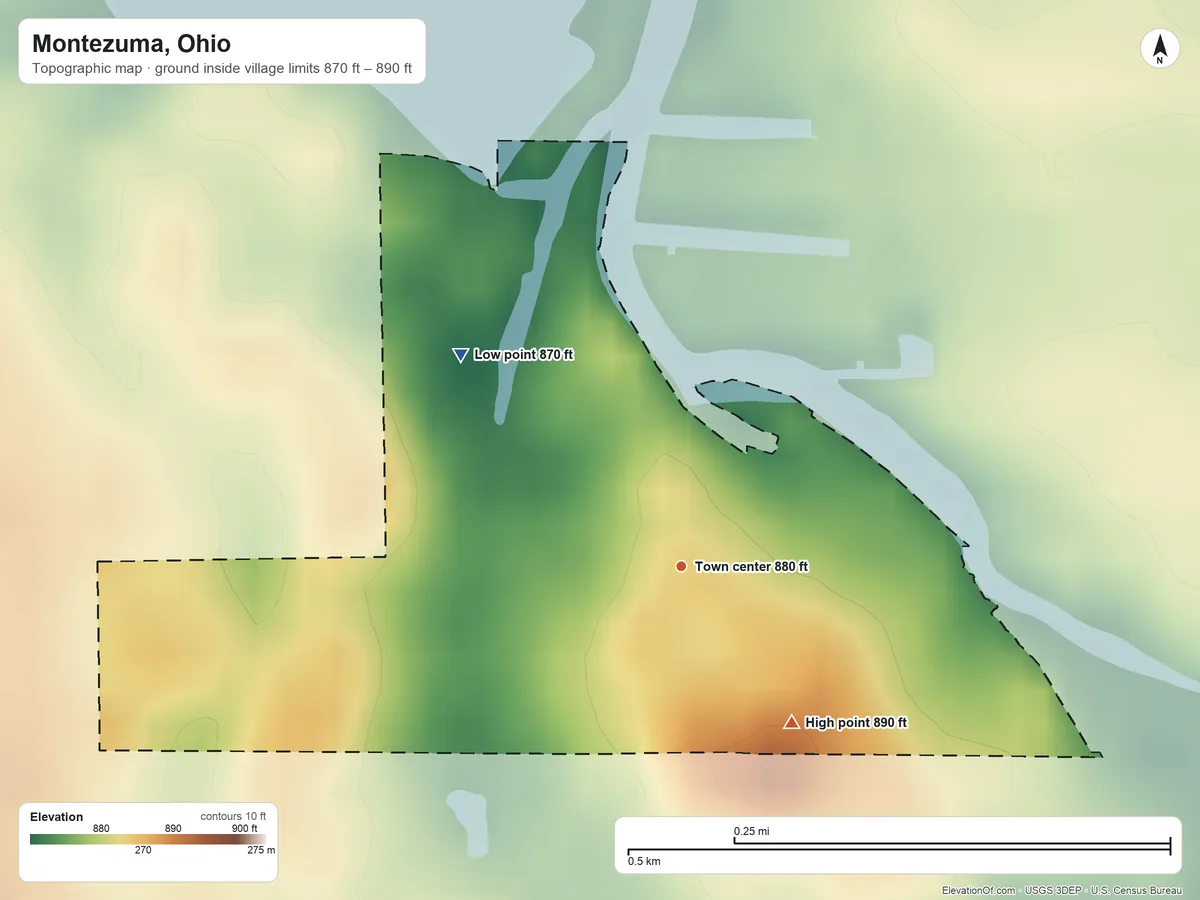 Topographic elevation map of Montezuma, Ohio, shaded from 870 ft on the northwest side to 890 ft on the southeast side