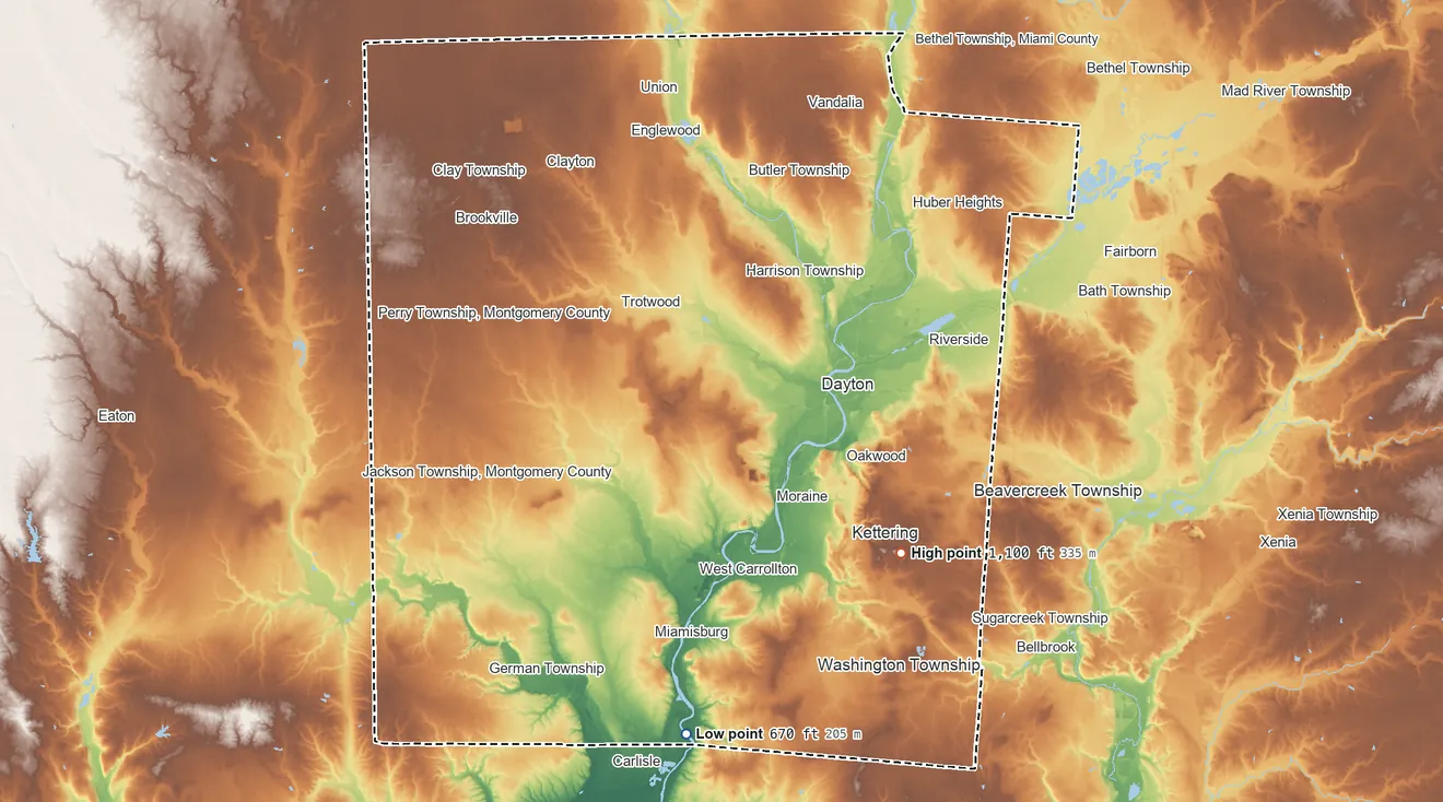 Topographic elevation map of Montgomery County, Ohio, shaded from 670 ft on the south side to 1,100 ft on the southeast side