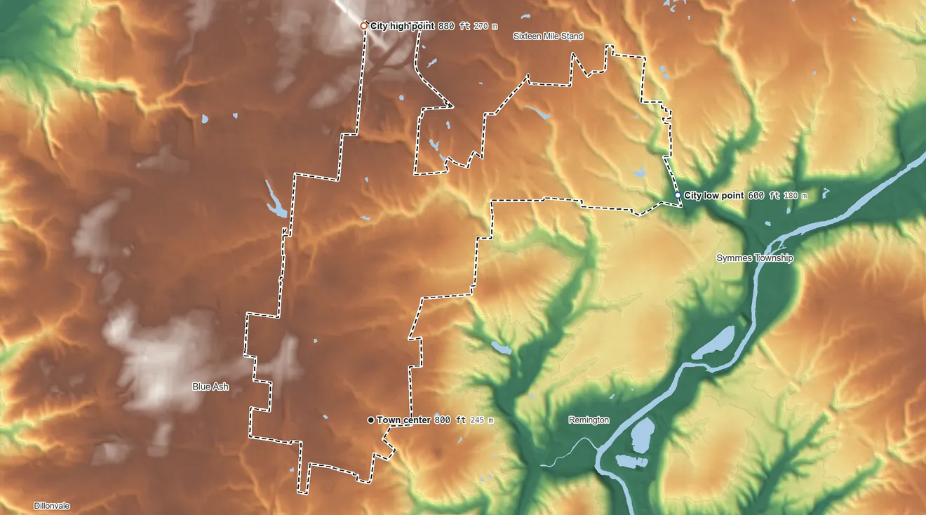 Topographic elevation map of Montgomery, Ohio, shaded from 600 ft on the northeast side to 880 ft on the north side