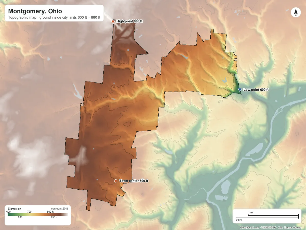 Topographic elevation map of Montgomery, Ohio, shaded from 600 ft on the northeast side to 880 ft on the north side