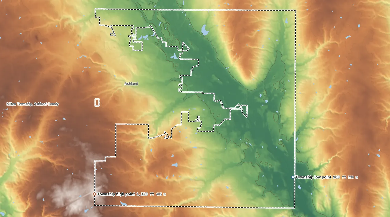 Topographic elevation map of Montgomery Township, Ashland County, Ohio, shaded from 960 ft on the southeast side to 1,320 ft on the southwest side