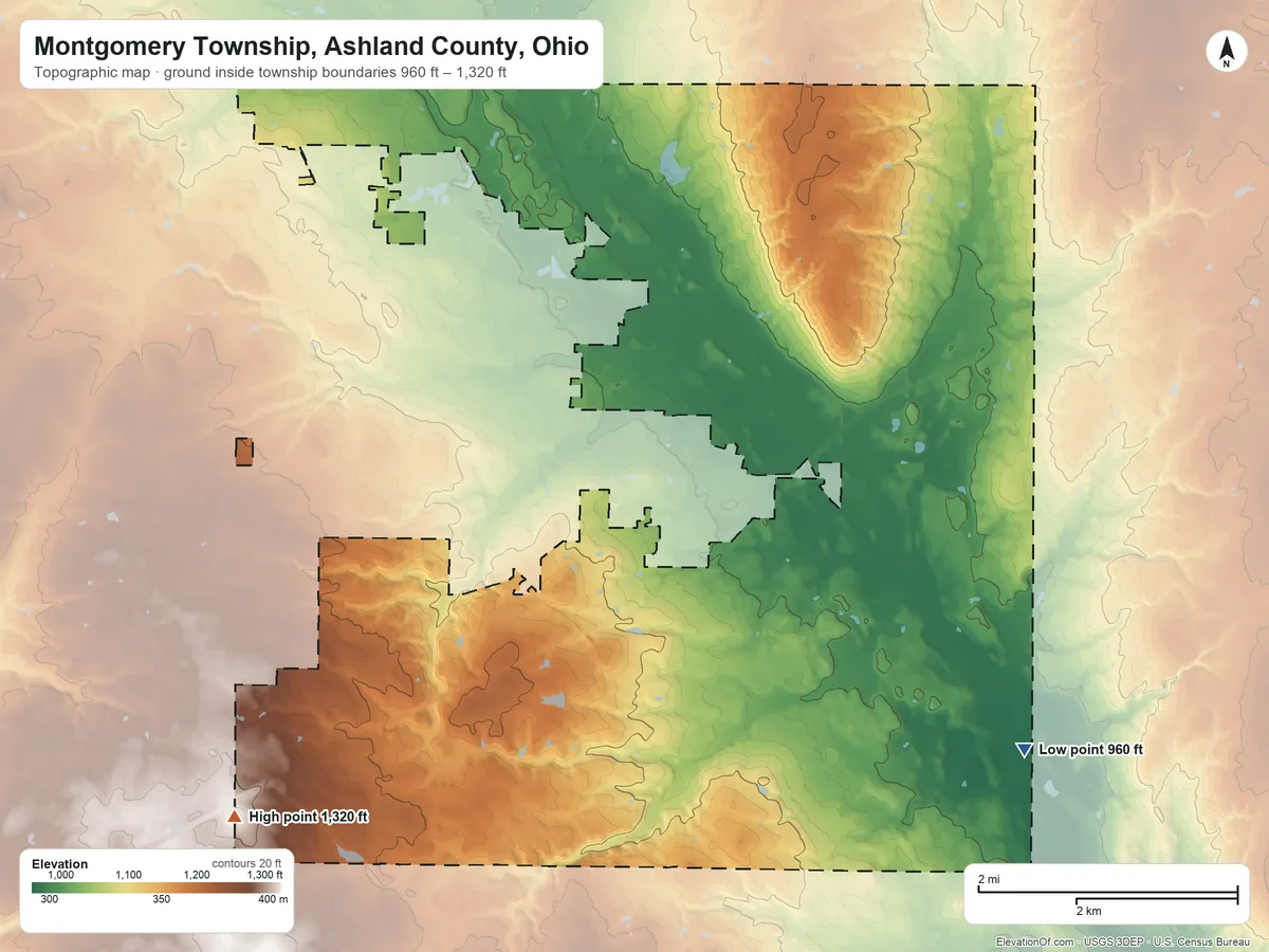 Topographic elevation map of Montgomery Township, Ashland County, Ohio, shaded from 960 ft on the southeast side to 1,320 ft on the southwest side