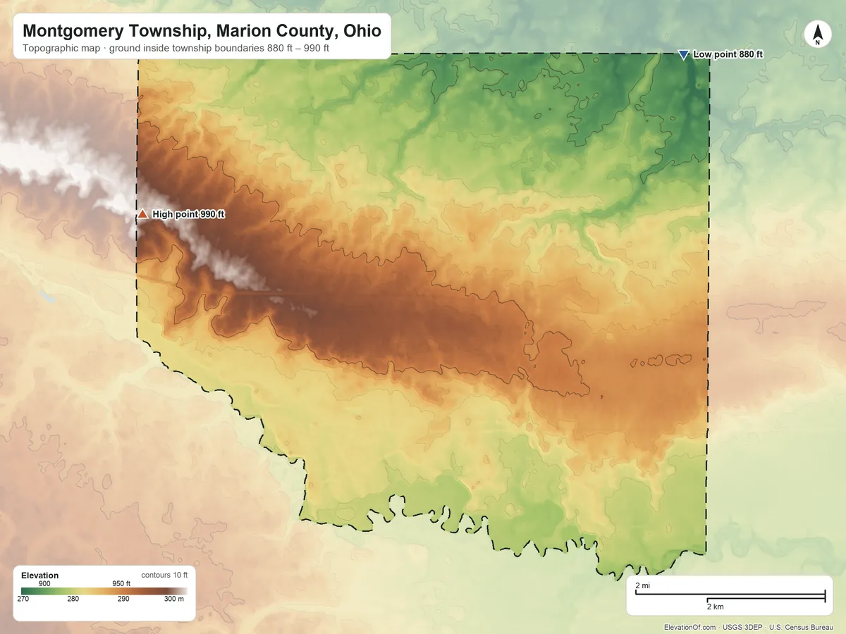 Topographic elevation map of Montgomery Township, Marion County, Ohio, shaded from 880 ft on the northeast side to 990 ft on the northwest side