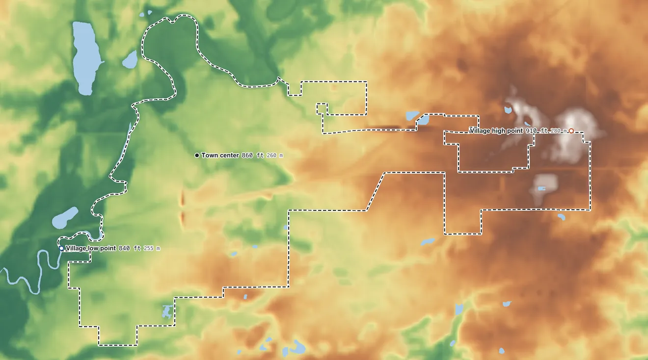 Topographic elevation map of Montpelier, Ohio, shaded from 840 ft on the southwest side to 910 ft on the east side