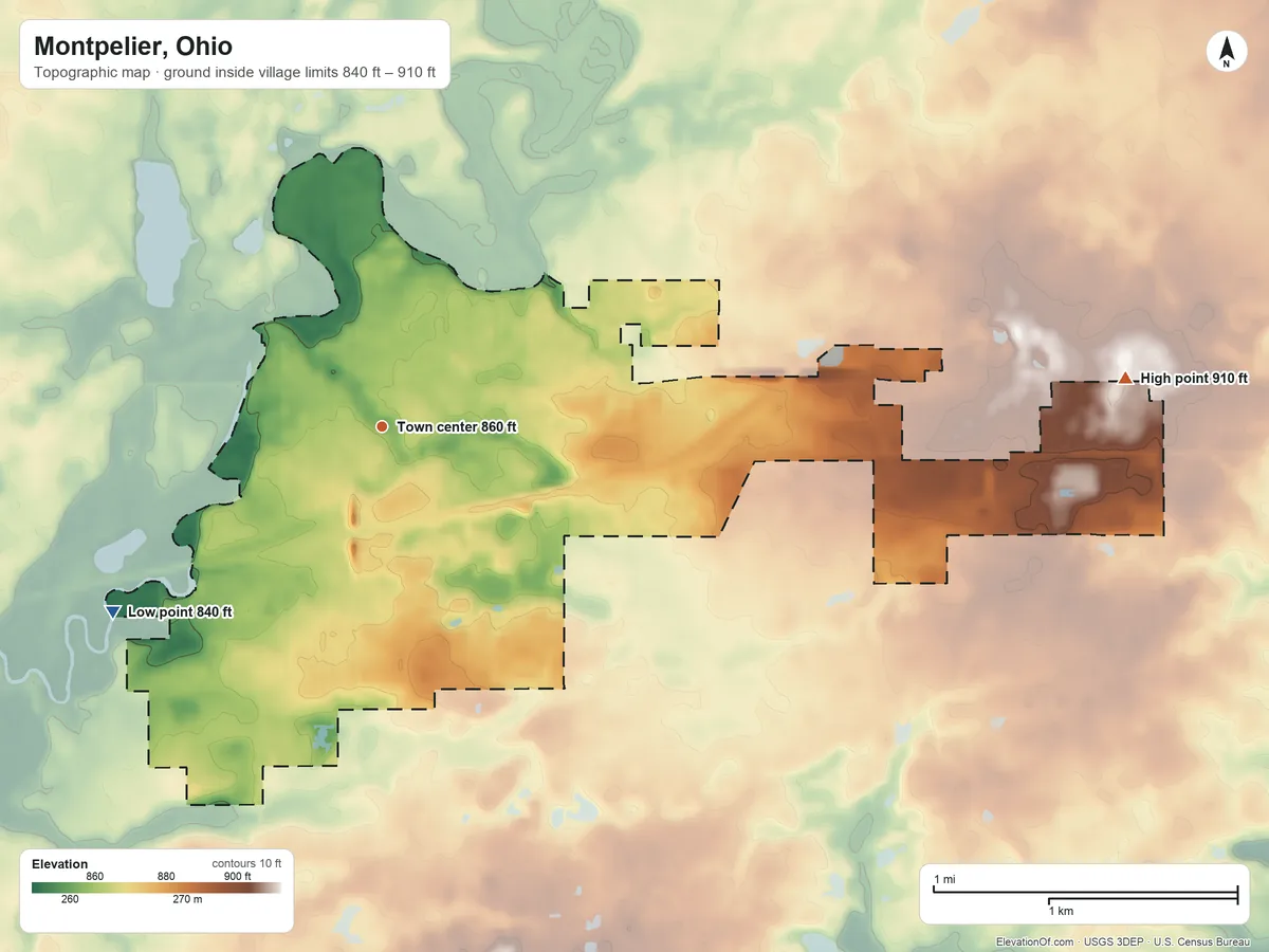 Topographic elevation map of Montpelier, Ohio, shaded from 840 ft on the southwest side to 910 ft on the east side