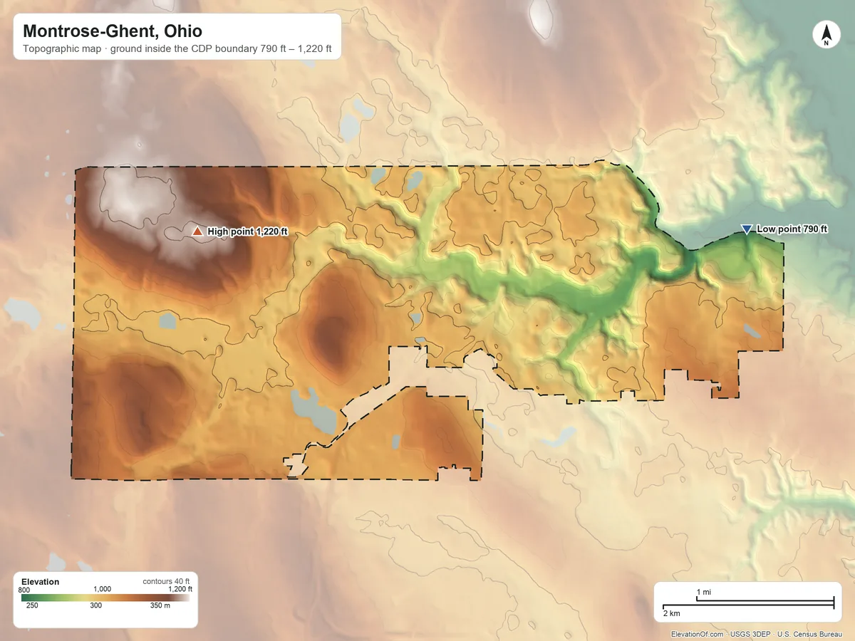 Topographic elevation map of Montrose-Ghent, Ohio, shaded from 790 ft on the east side to 1,220 ft on the northwest side