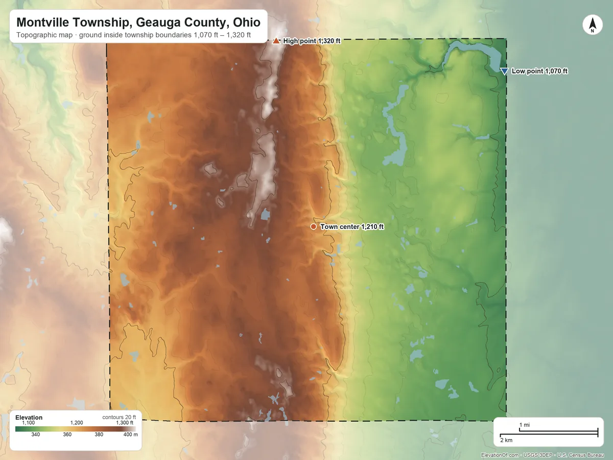 Topographic elevation map of Montville Township, Geauga County, Ohio, shaded from 1,070 ft on the northeast side to 1,320 ft on the north side