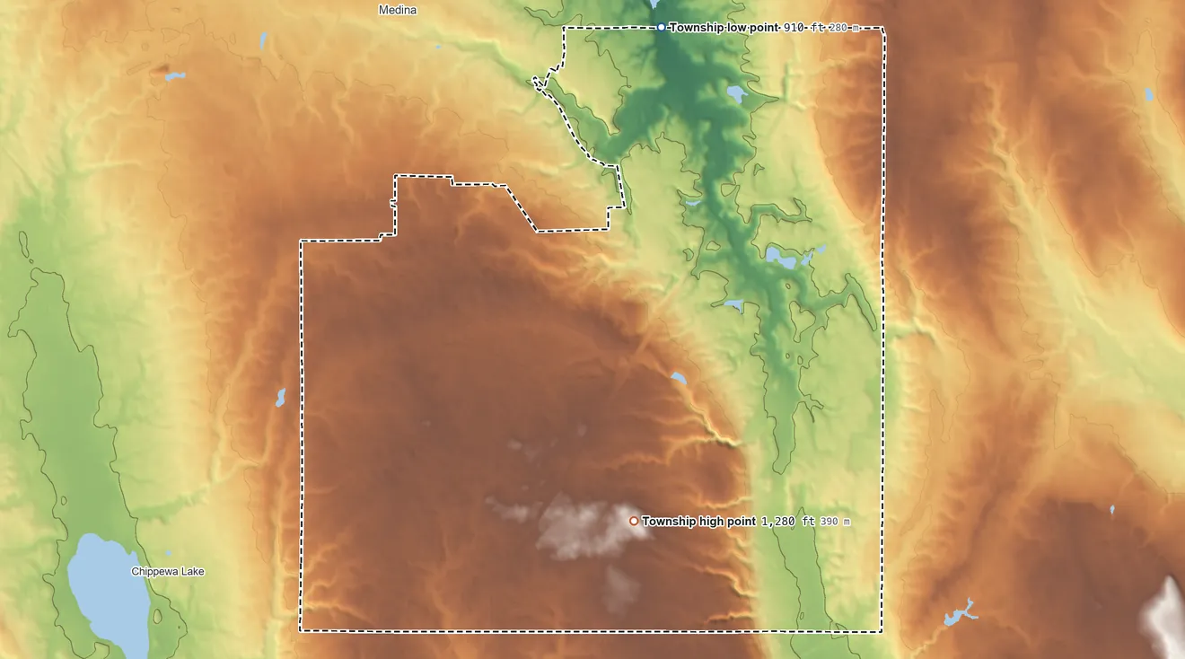 Topographic elevation map of Montville Township, Ohio, shaded from 910 ft on the north side to 1,280 ft on the south side