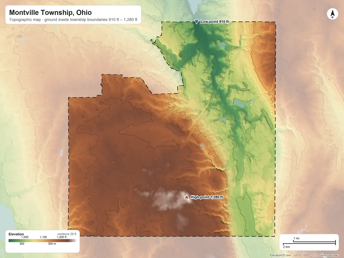 Topographic elevation map of Montville Township, Ohio, shaded from 910 ft on the north side to 1,280 ft on the south side