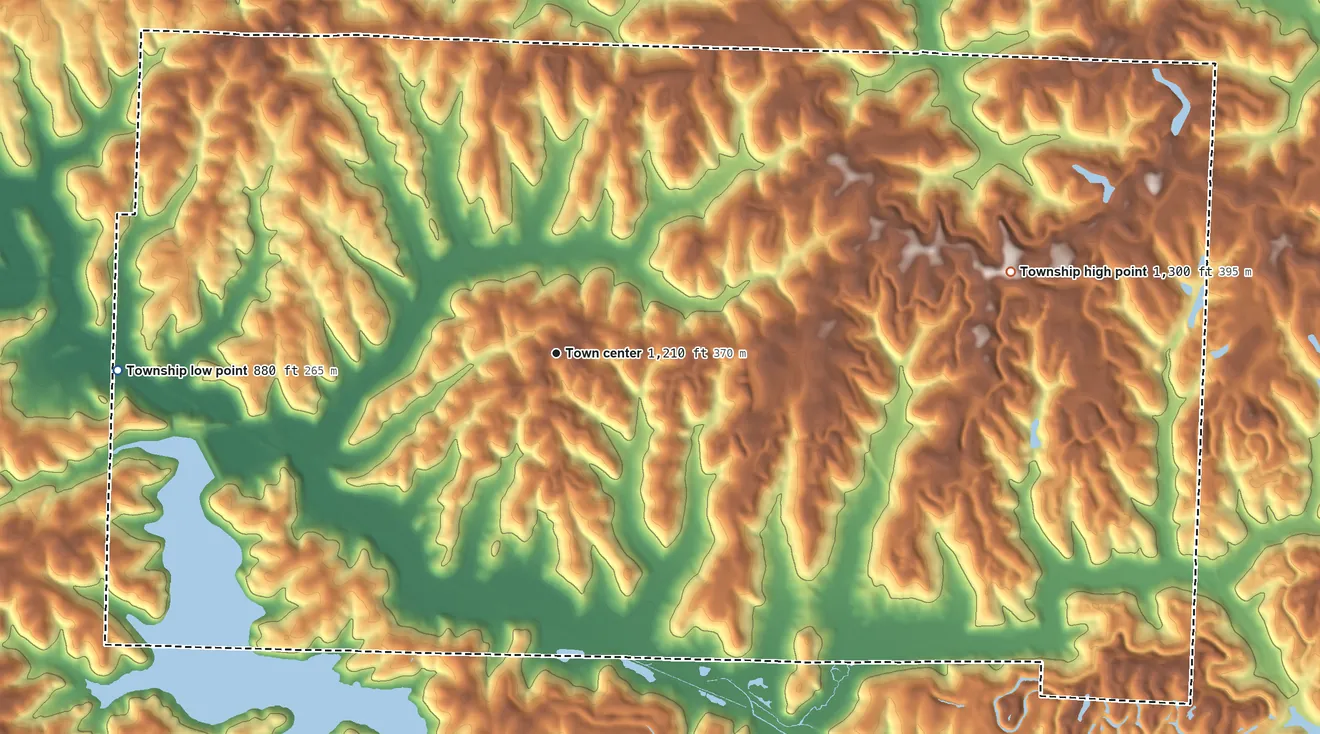 Topographic elevation map of Moorefield Township, Harrison County, Ohio, shaded from 880 ft on the west side to 1,300 ft on the east side