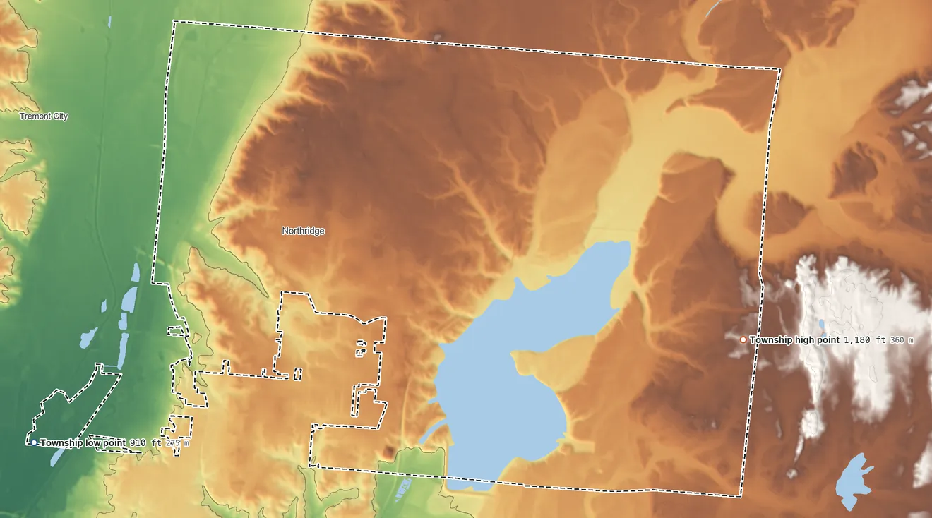 Topographic elevation map of Moorefield Township, Ohio, shaded from 910 ft on the southwest side to 1,180 ft on the east side