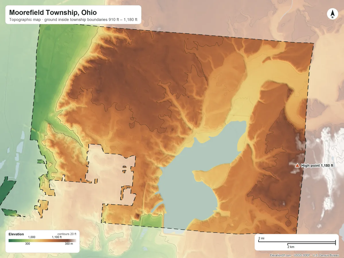 Topographic elevation map of Moorefield Township, Ohio, shaded from 910 ft on the southwest side to 1,180 ft on the east side