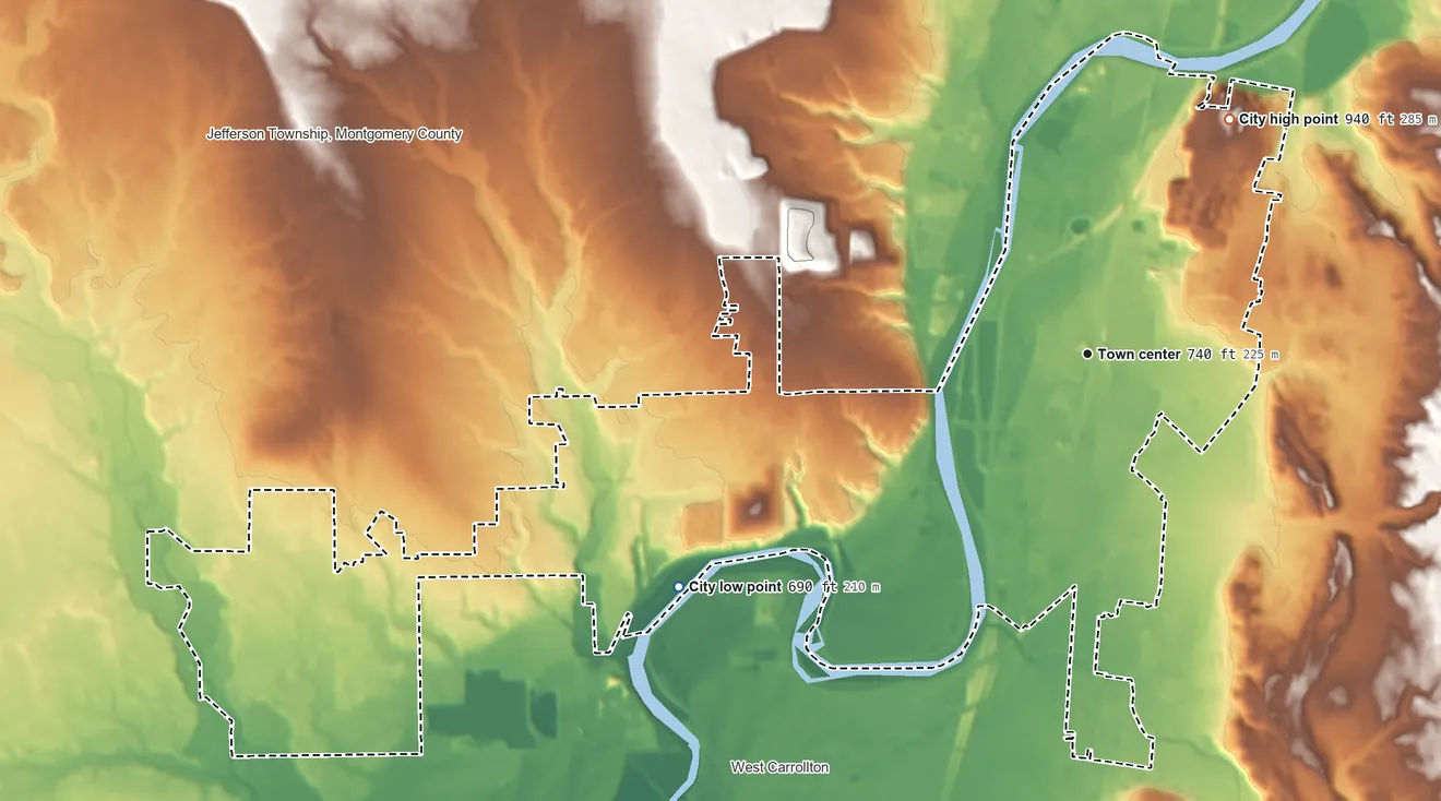 Topographic elevation map of Moraine, Ohio, shaded from 690 ft on the southwest side to 940 ft on the northeast side