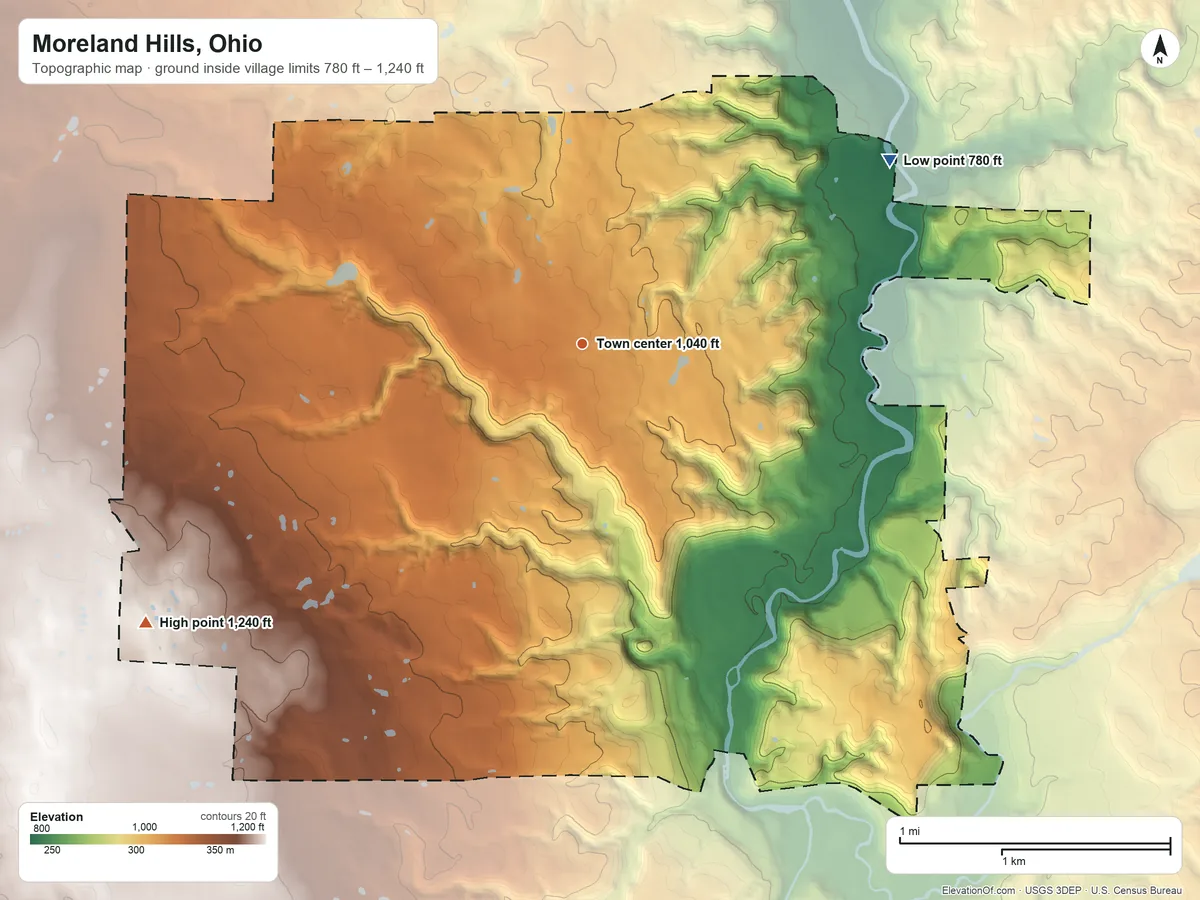 Topographic elevation map of Moreland Hills, Ohio, shaded from 780 ft on the northeast side to 1,240 ft on the southwest side