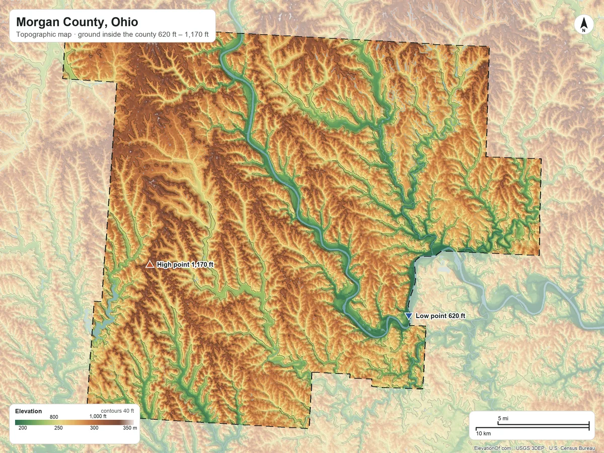 Topographic elevation map of Morgan County, Ohio, shaded from 620 ft on the southeast side to 1,170 ft on the west side