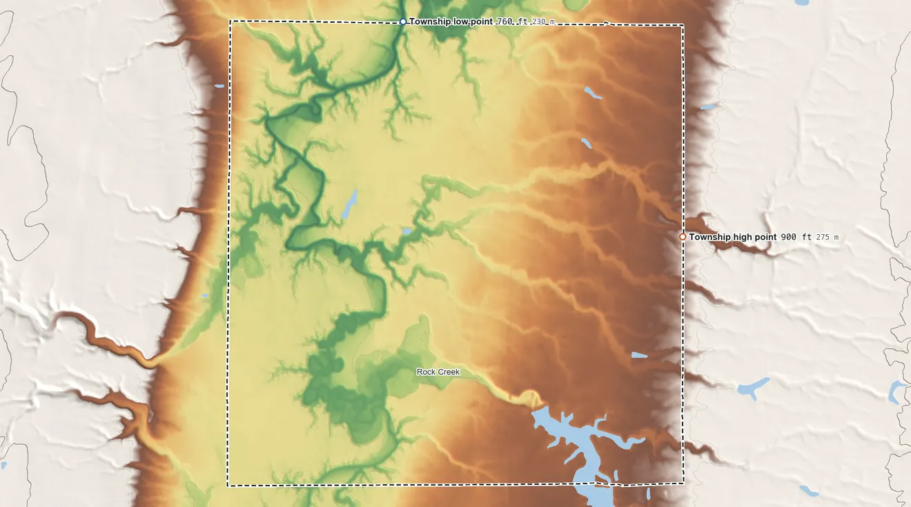 Topographic elevation map of Morgan Township, Ashtabula County, Ohio, shaded from 760 ft on the north side to 900 ft on the northeast side