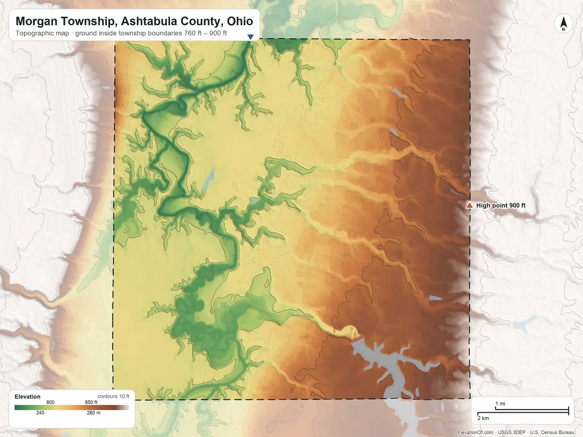 Topographic elevation map of Morgan Township, Ashtabula County, Ohio, shaded from 760 ft on the north side to 900 ft on the northeast side
