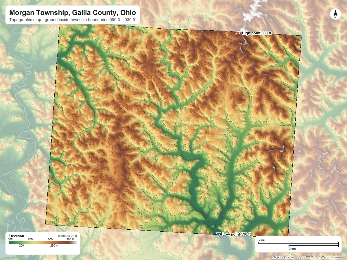 Topographic elevation map of Morgan Township, Gallia County, Ohio, shaded from 590 ft on the southeast side to 930 ft on the northeast side