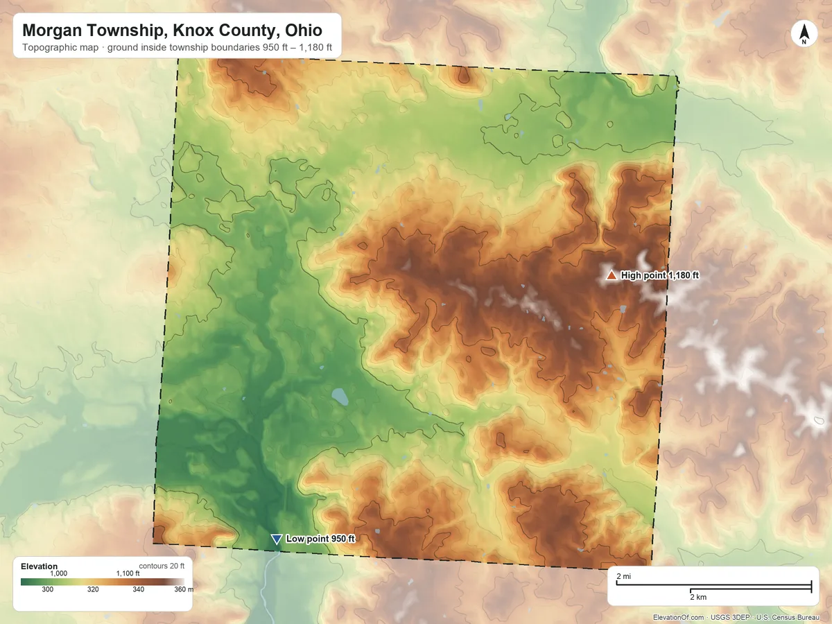 Topographic elevation map of Morgan Township, Knox County, Ohio, shaded from 950 ft on the southwest side to 1,180 ft on the northeast side