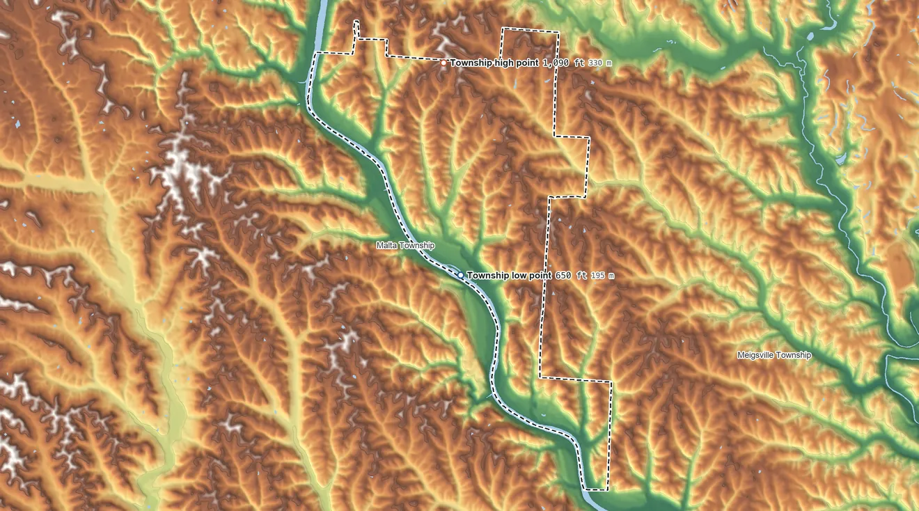 Topographic elevation map of Morgan Township, Morgan County, Ohio, shaded from 650 ft on the south side to 1,090 ft on the north side