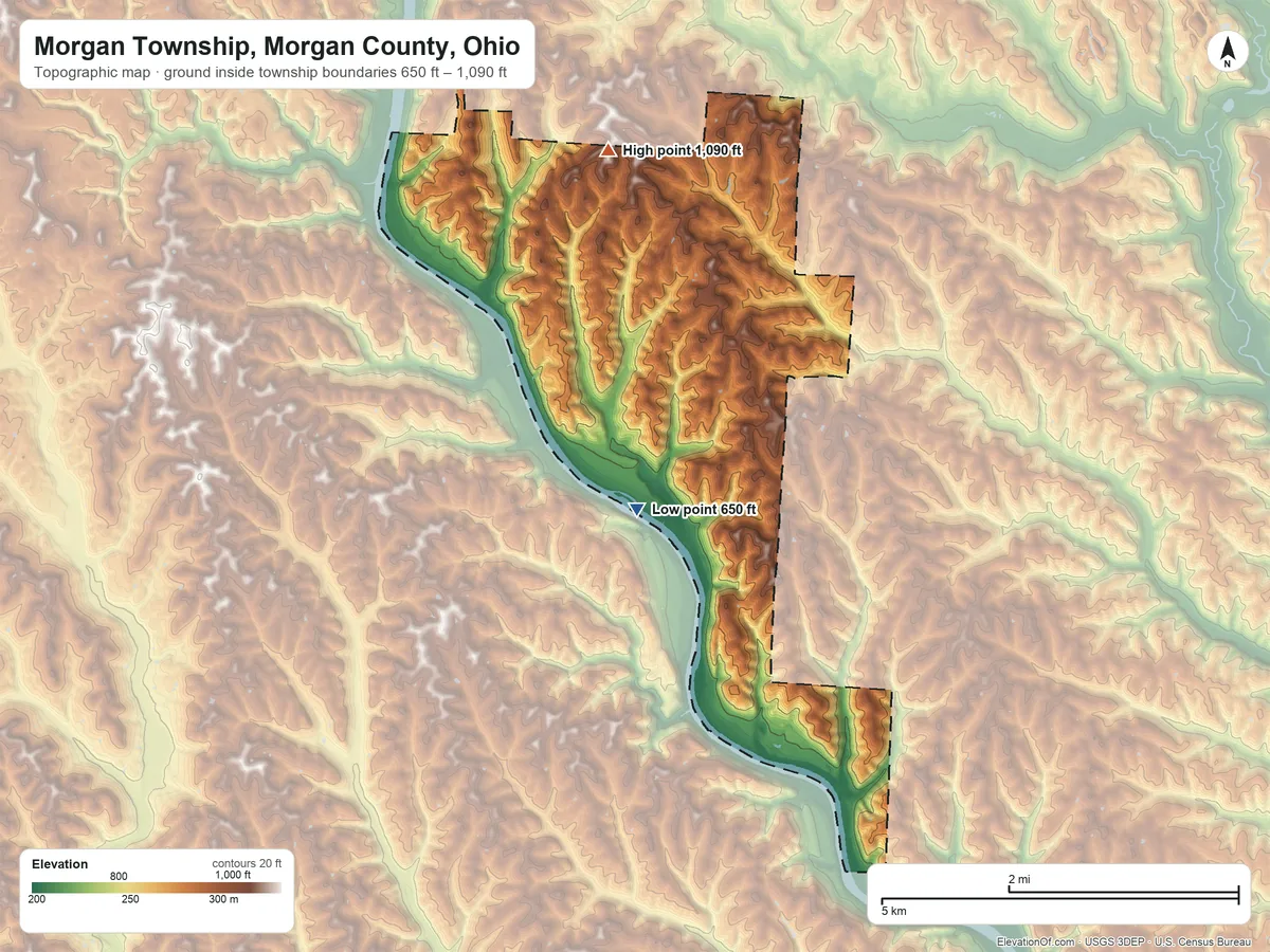 Topographic elevation map of Morgan Township, Morgan County, Ohio, shaded from 650 ft on the south side to 1,090 ft on the north side