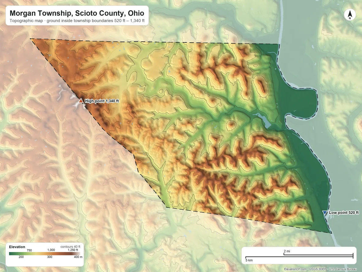 Topographic elevation map of Morgan Township, Scioto County, Ohio, shaded from 520 ft on the southeast side to 1,340 ft on the west side