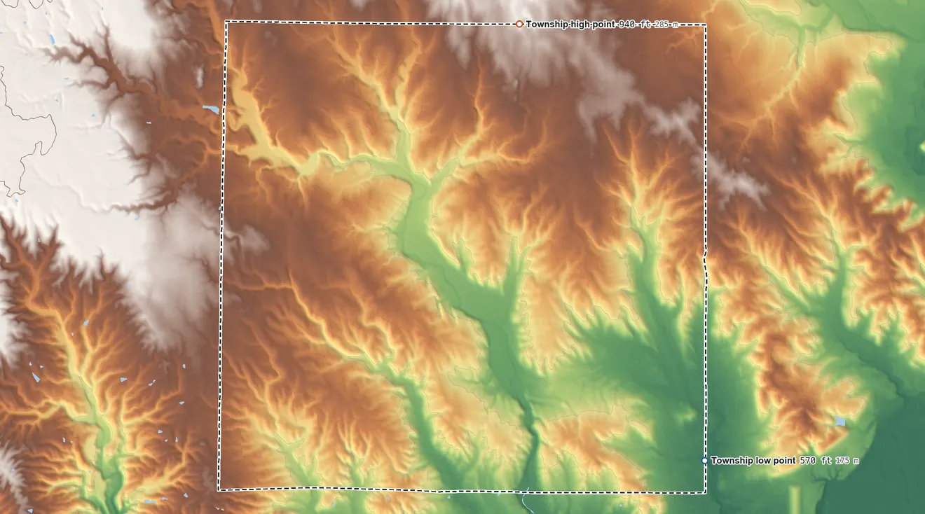 Topographic elevation map of Morgan Township, Ohio, shaded from 570 ft on the southeast side to 940 ft on the north side