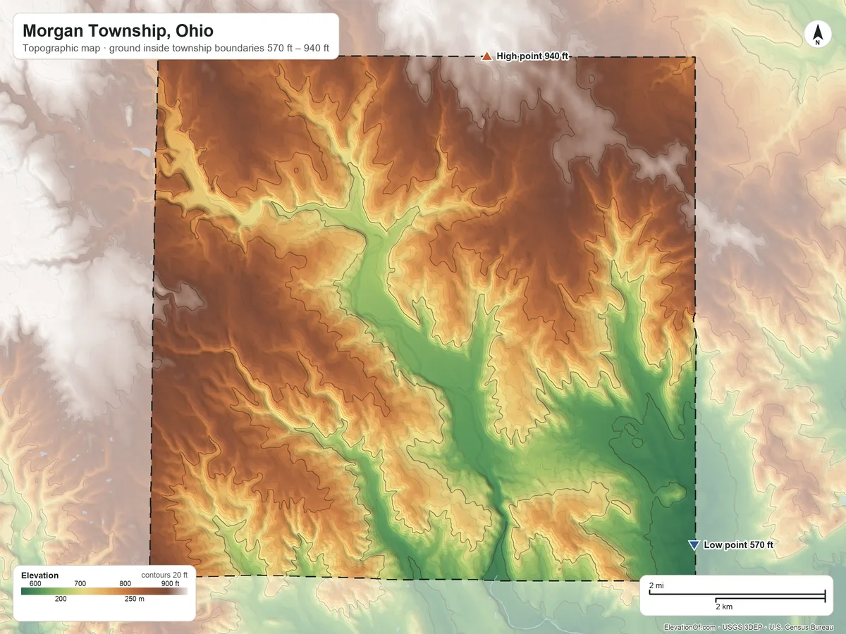 Topographic elevation map of Morgan Township, Ohio, shaded from 570 ft on the southeast side to 940 ft on the north side