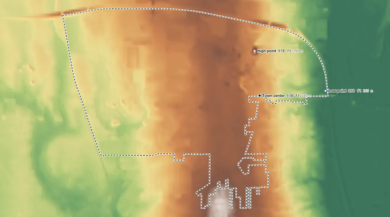 Topographic elevation map of Morgandale, Ohio, shaded from 880 ft on the east side to 970 ft on the north side