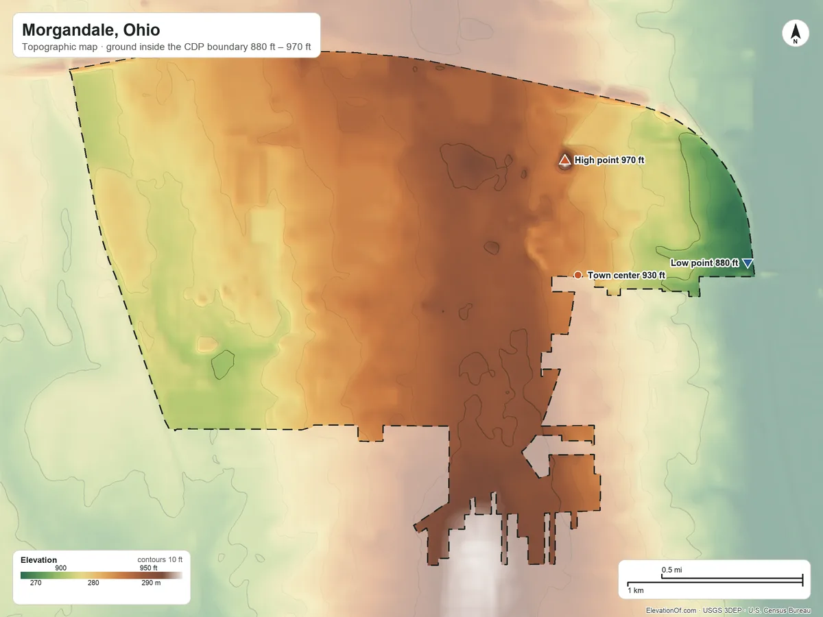 Topographic elevation map of Morgandale, Ohio, shaded from 880 ft on the east side to 970 ft on the north side