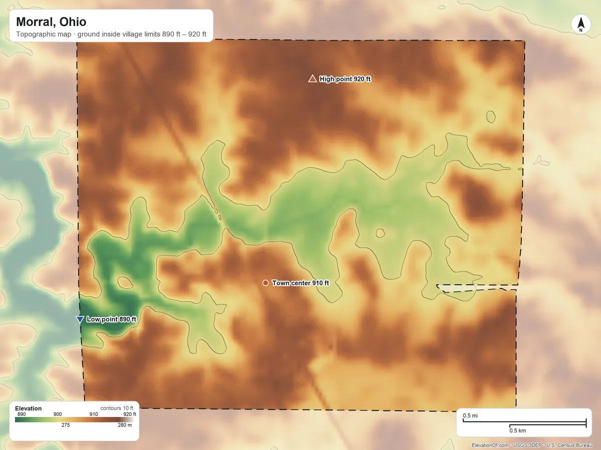 Topographic elevation map of Morral, Ohio, shaded from 890 ft on the west side to 920 ft on the north side