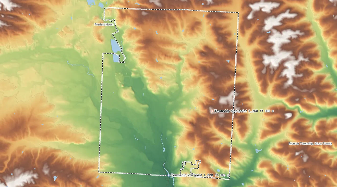 Topographic elevation map of Morris Township, Ohio, shaded from 1,000 ft on the south side to 1,260 ft on the east side