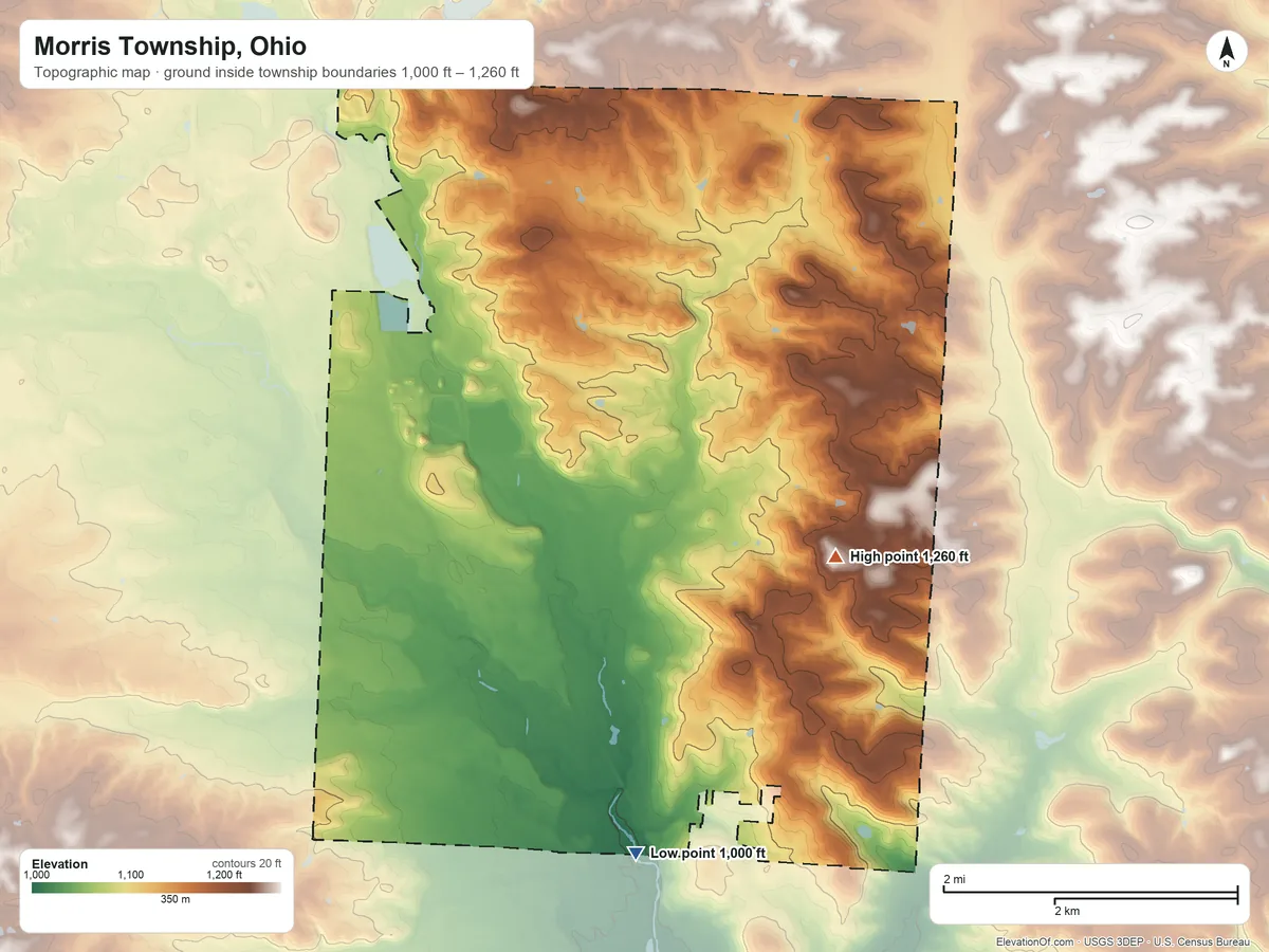 Topographic elevation map of Morris Township, Ohio, shaded from 1,000 ft on the south side to 1,260 ft on the east side