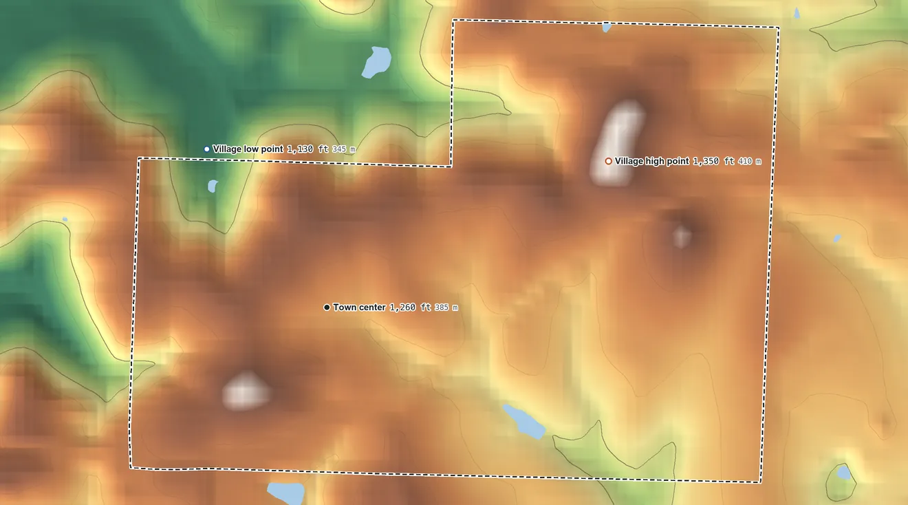 Topographic elevation map of Morristown, Ohio, shaded from 1,130 ft on the northwest side to 1,350 ft on the northeast side