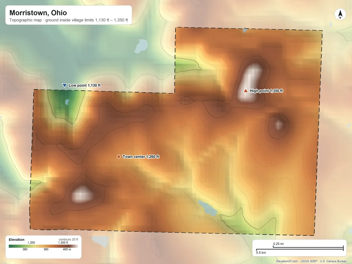 Topographic elevation map of Morristown, Ohio, shaded from 1,130 ft on the northwest side to 1,350 ft on the northeast side