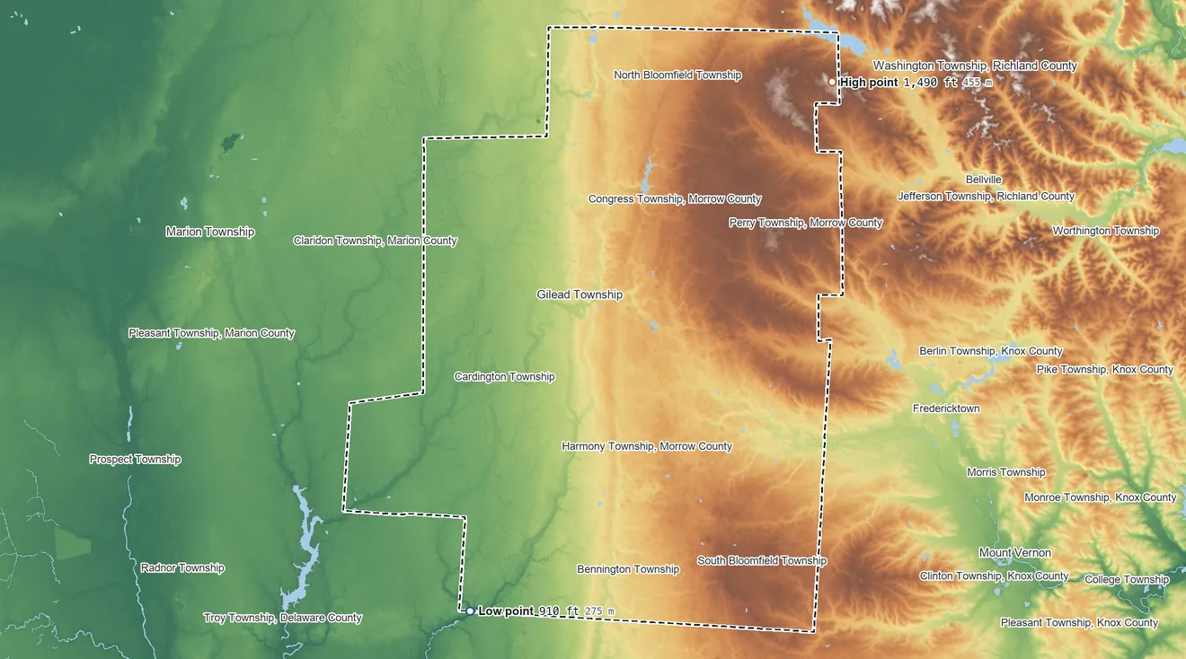 Topographic elevation map of Morrow County, Ohio, shaded from 910 ft on the southwest side to 1,490 ft on the northeast side