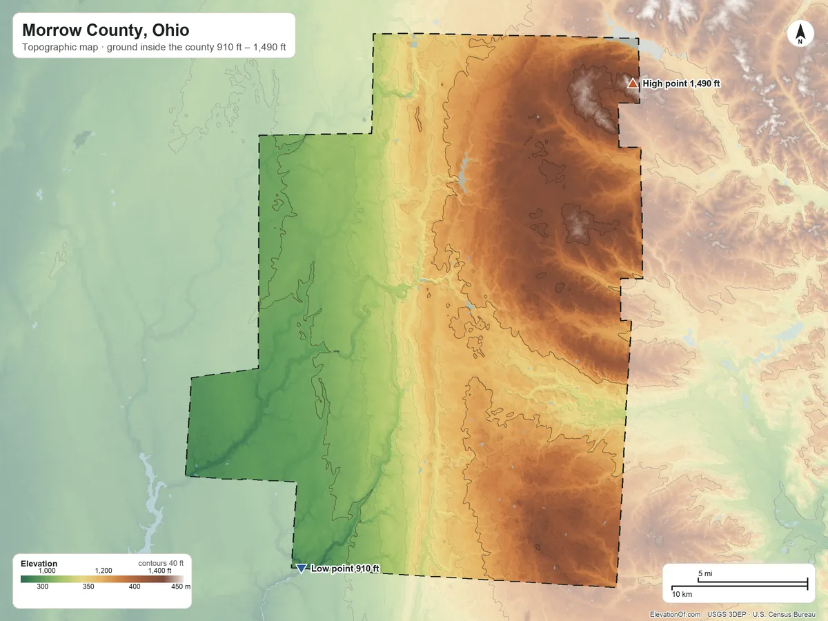 Topographic elevation map of Morrow County, Ohio, shaded from 910 ft on the southwest side to 1,490 ft on the northeast side