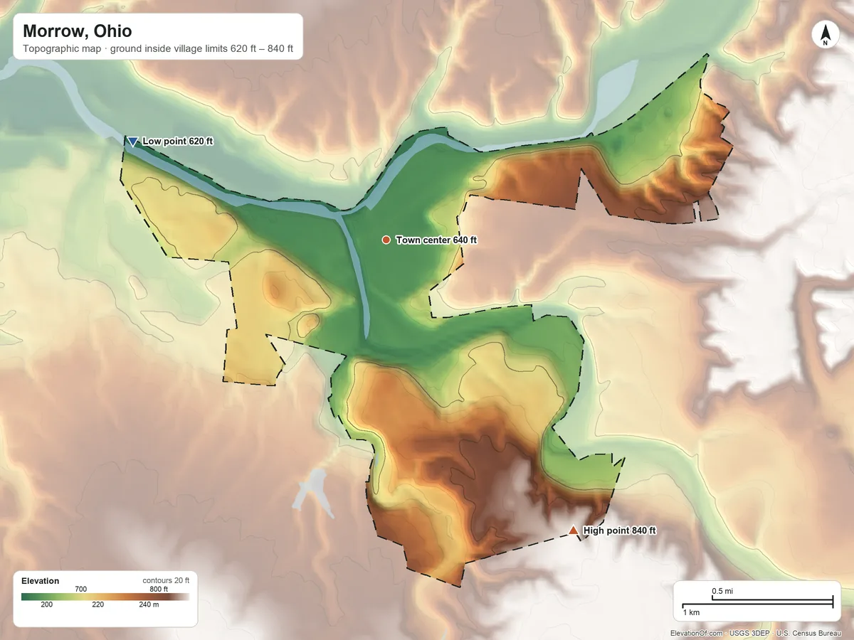 Topographic elevation map of Morrow, Ohio, shaded from 620 ft on the west side to 840 ft on the southeast side