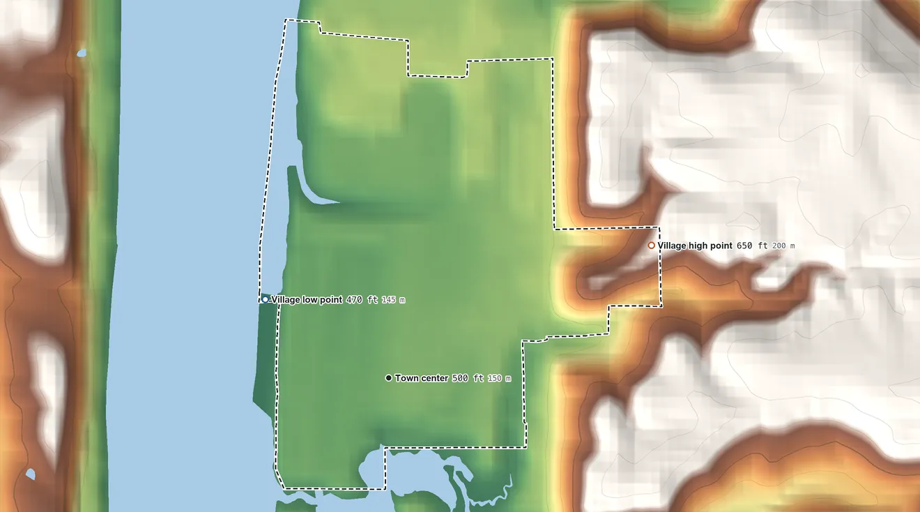 Topographic elevation map of Moscow, Ohio, shaded from 470 ft on the northwest side to 650 ft on the northeast side