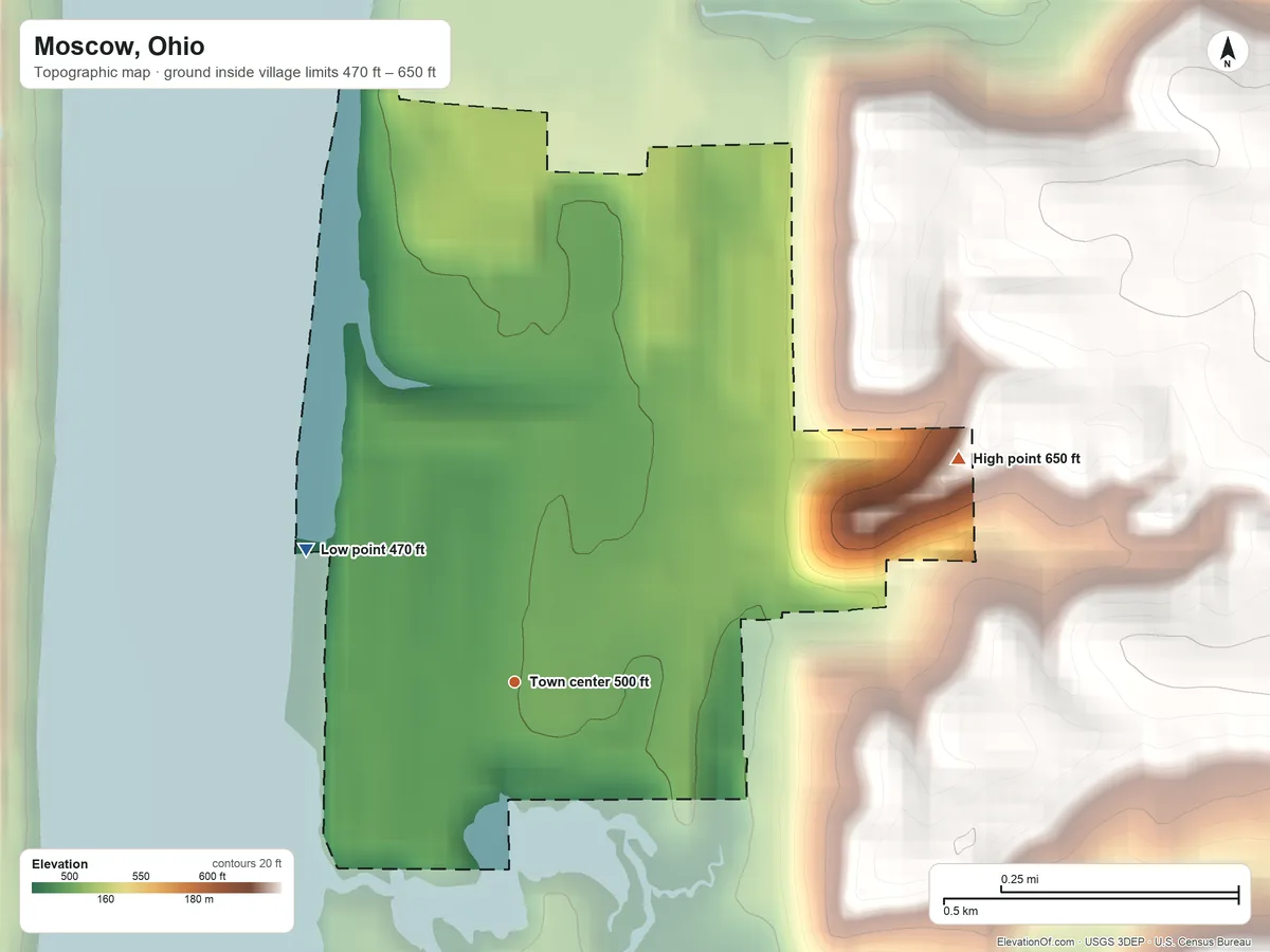 Topographic elevation map of Moscow, Ohio, shaded from 470 ft on the northwest side to 650 ft on the northeast side