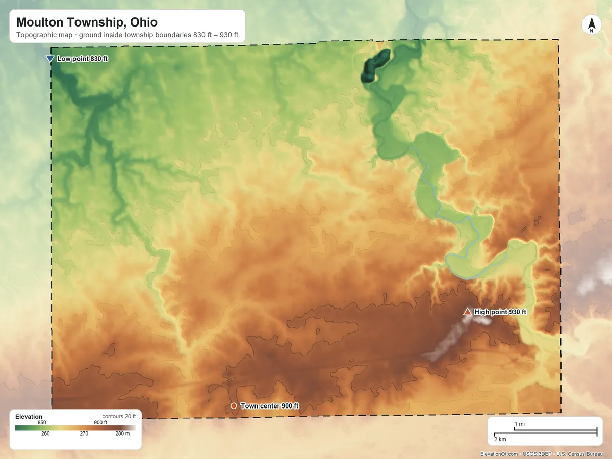 Topographic elevation map of Moulton Township, Ohio, shaded from 830 ft on the northwest side to 930 ft on the east side