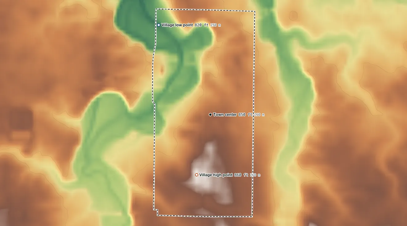 Topographic elevation map of Mount Blanchard, Ohio, shaded from 820 ft on the northwest side to 860 ft on the south side