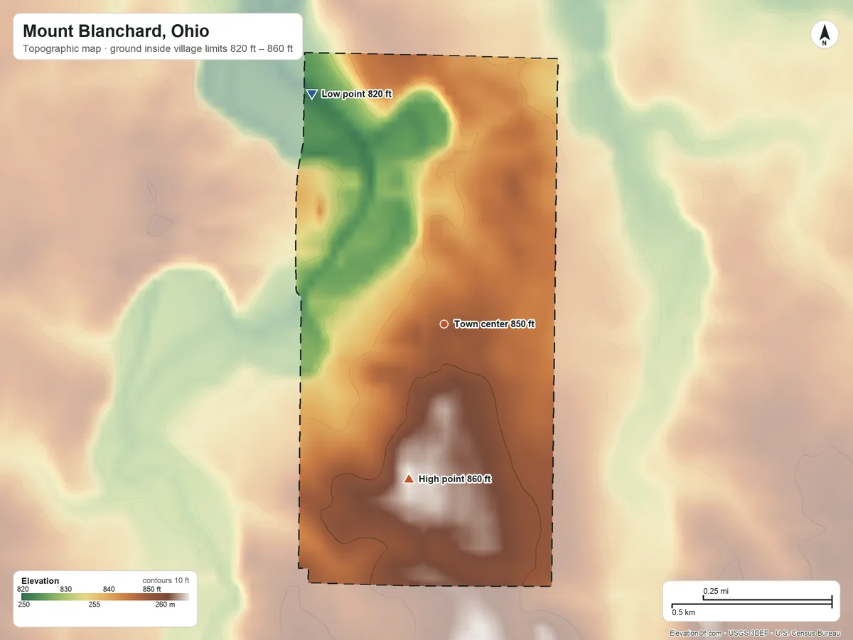 Topographic elevation map of Mount Blanchard, Ohio, shaded from 820 ft on the northwest side to 860 ft on the south side