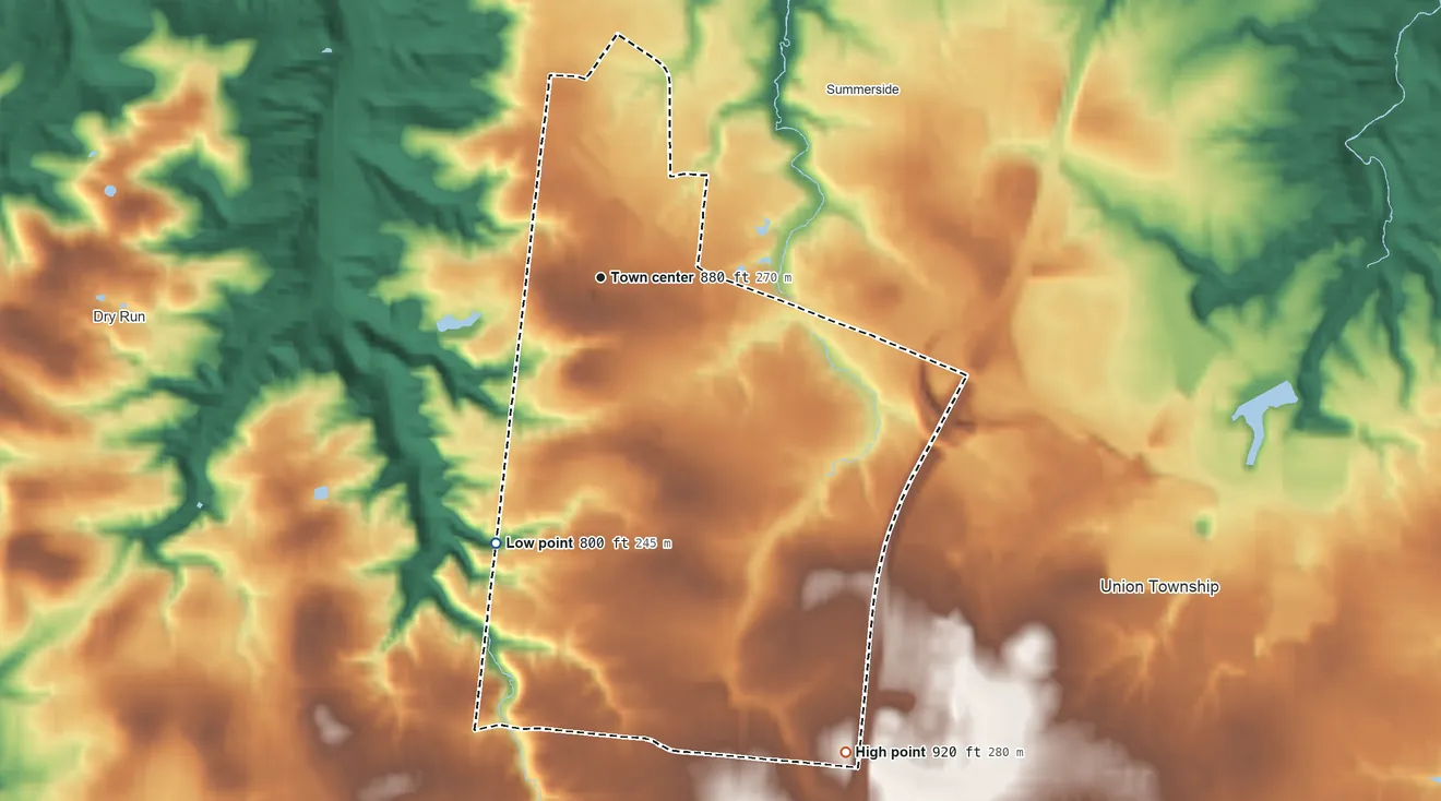 Topographic elevation map of Mount Carmel, Ohio, shaded from 800 ft on the south side to 920 ft on the southeast side
