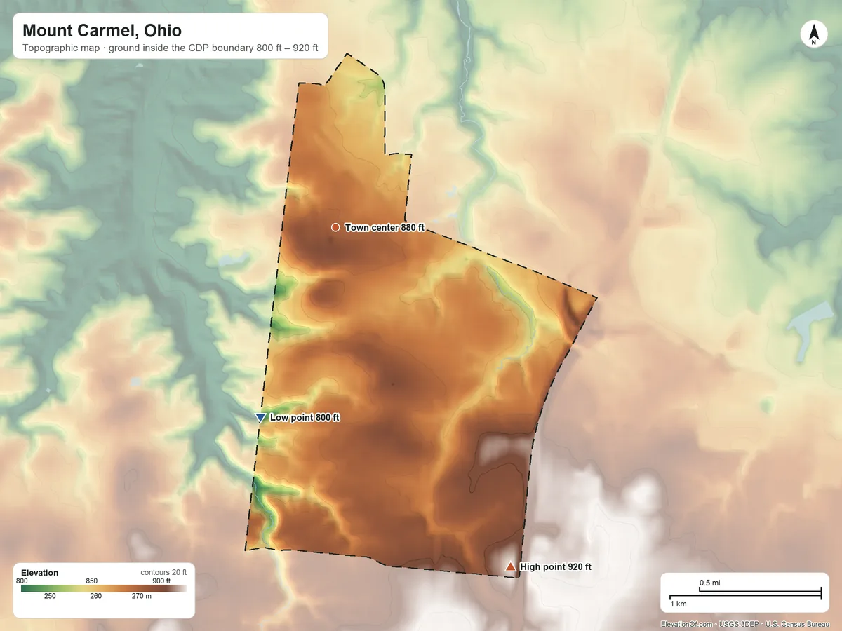 Topographic elevation map of Mount Carmel, Ohio, shaded from 800 ft on the south side to 920 ft on the southeast side