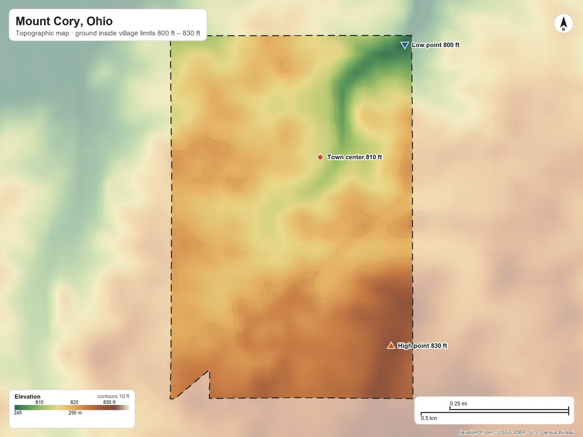 Topographic elevation map of Mount Cory, Ohio, shaded from 800 ft on the northeast side to 830 ft on the south side