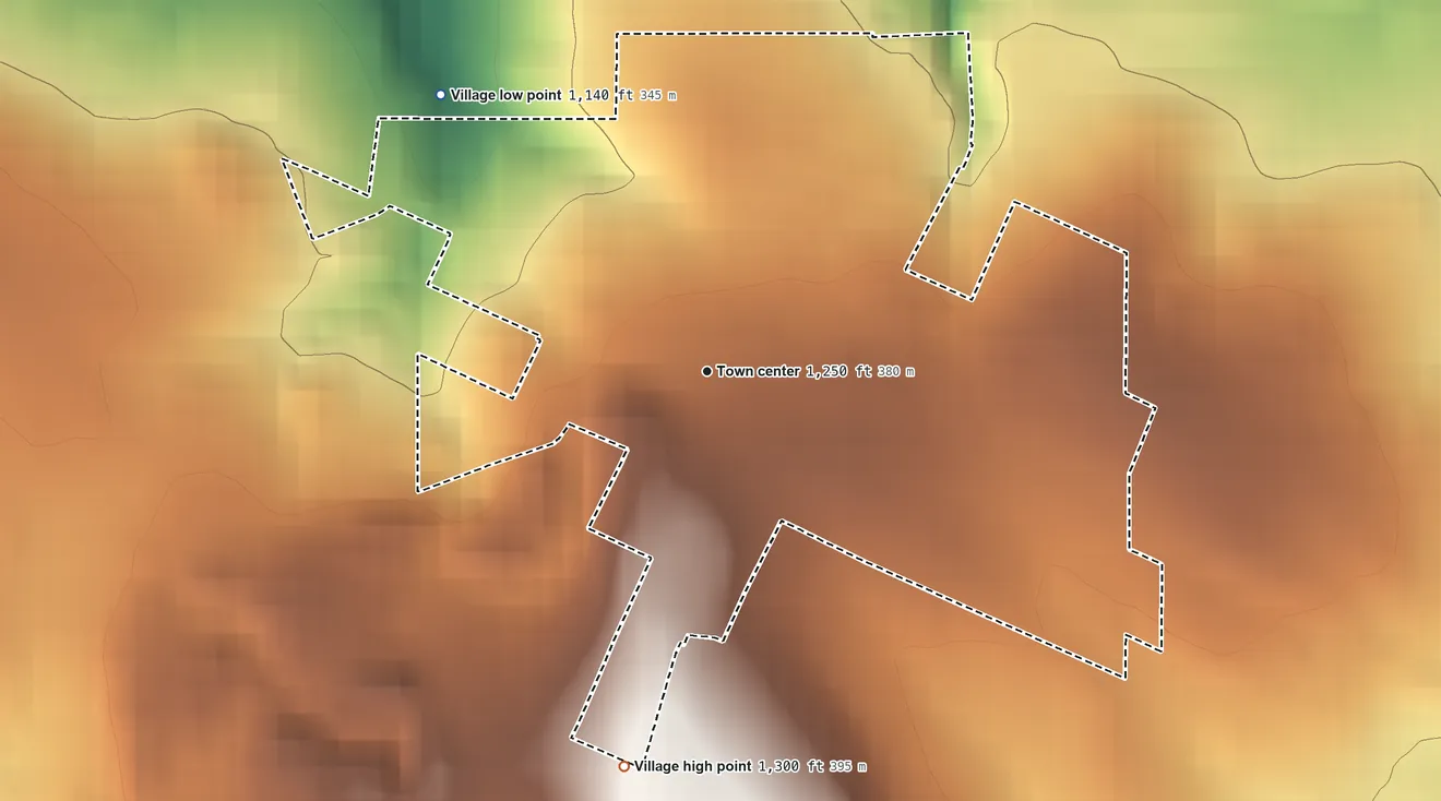 Topographic elevation map of Mount Eaton, Ohio, shaded from 1,140 ft on the northwest side to 1,300 ft on the south side